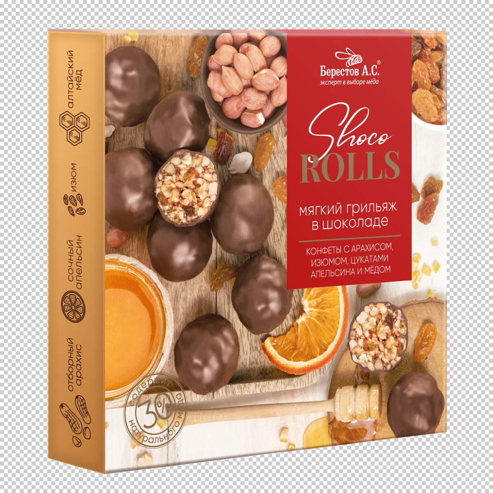  Берестов Shoco Rolls конфеты с арахисом, изюмом, цукатами апельсина и медом,  135г во Владикавказе